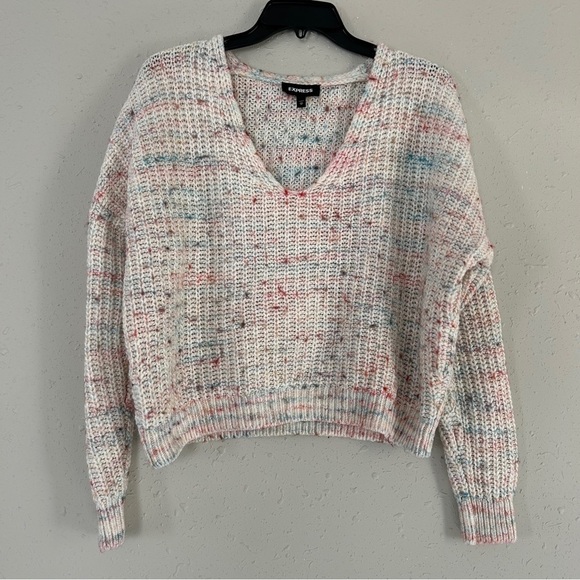 Express Cream Pink Blue Colorful V-Neck Thick Chunky Knit Sweater XS Small - Picture 1 of 6